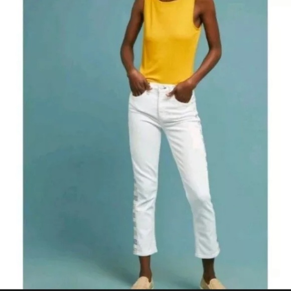 Anthropologie McGuire white Valetetta Straight stretch jeans with embroidery 26 - Picture 3 of 13